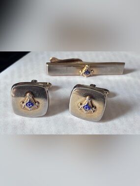 Masonic Silver-Tone Cufflinks and Tie Bar with Blue Enamel Emblem